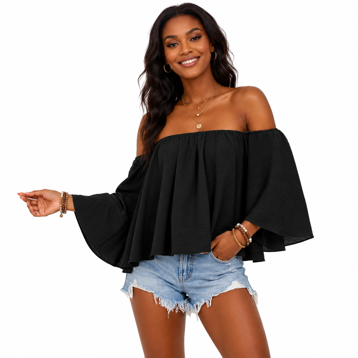 Basic loose-fit off shoulder top with distressed finish, made for easy, everyday outfits, travel looks, and weekend wear now.