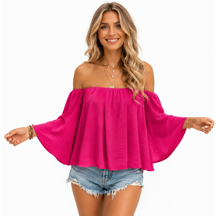 Flared sleeve off shoulder top for women with relaxed fit and streetwear-inspired style for simple day to night outfit looks.