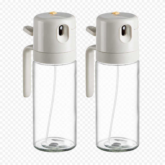 Kitchen oil mister bottle with wide angle spray nozzle for olive oil, vinegar, sauces, BBQ prep, roasting and salad dressing.
