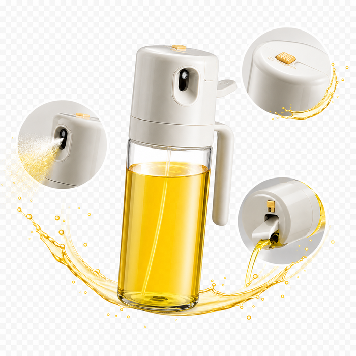Warm gray olive oil spray bottle made from thick sturdy glass with controlled flow for salads, pans, grills and baked veggies