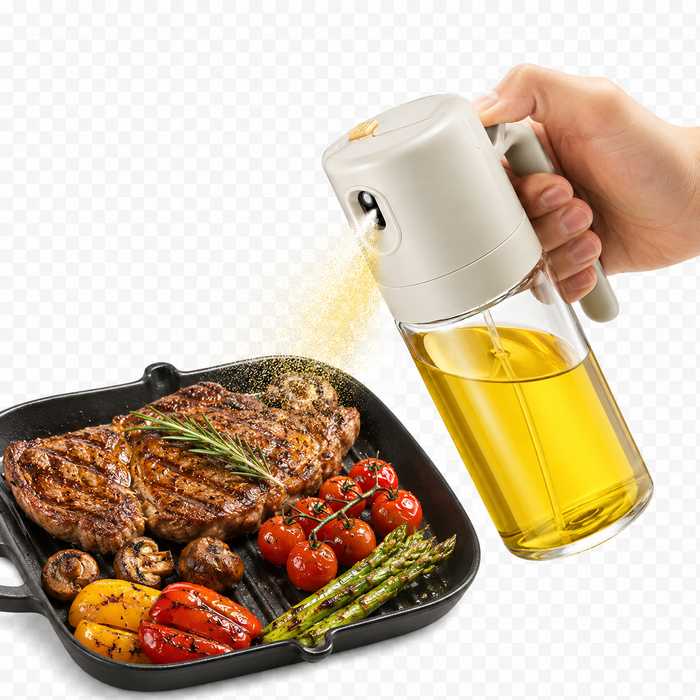 Cooking oil spray bottle for BBQ, air fryer and baking with easy press misting and precise pouring from one glass bottle uses