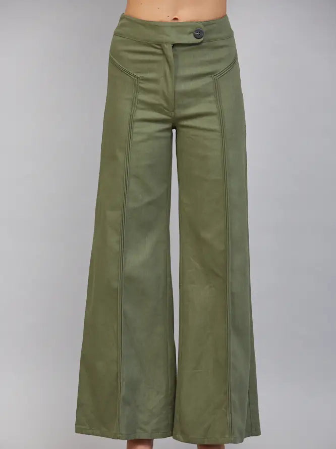 Olive Decorative Vertical Seam Detail High Waisted Flare Pants