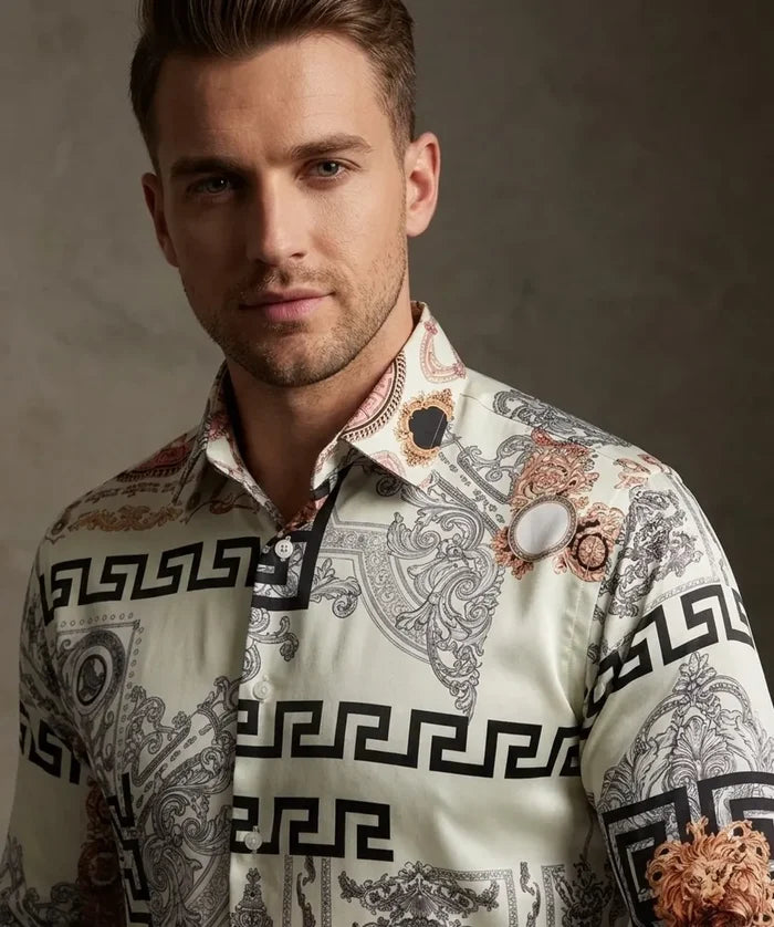 Oscar Banks Premium Cream Satin Baroque Print Dress Shirt