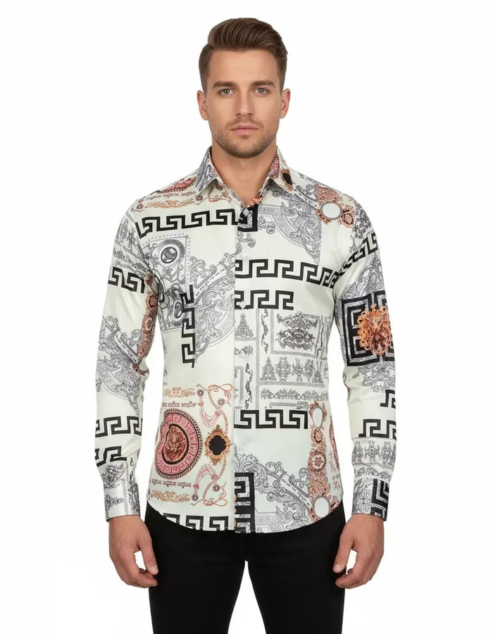 Oscar Banks Premium Cream Satin Baroque Print Dress Shirt-Makrom