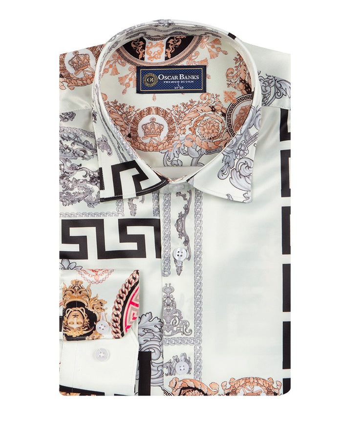 Oscar Banks Premium Cream Satin Baroque Print Dress Shirt-Makrom
