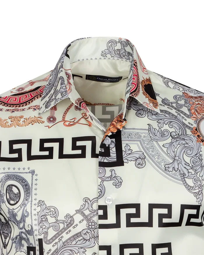 Oscar Banks Premium Cream Satin Baroque Print Dress Shirt-Makrom