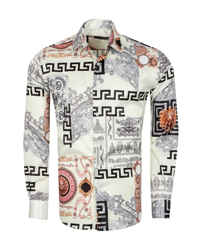 Oscar Banks Premium Cream Satin Baroque Print Dress Shirt-Makrom