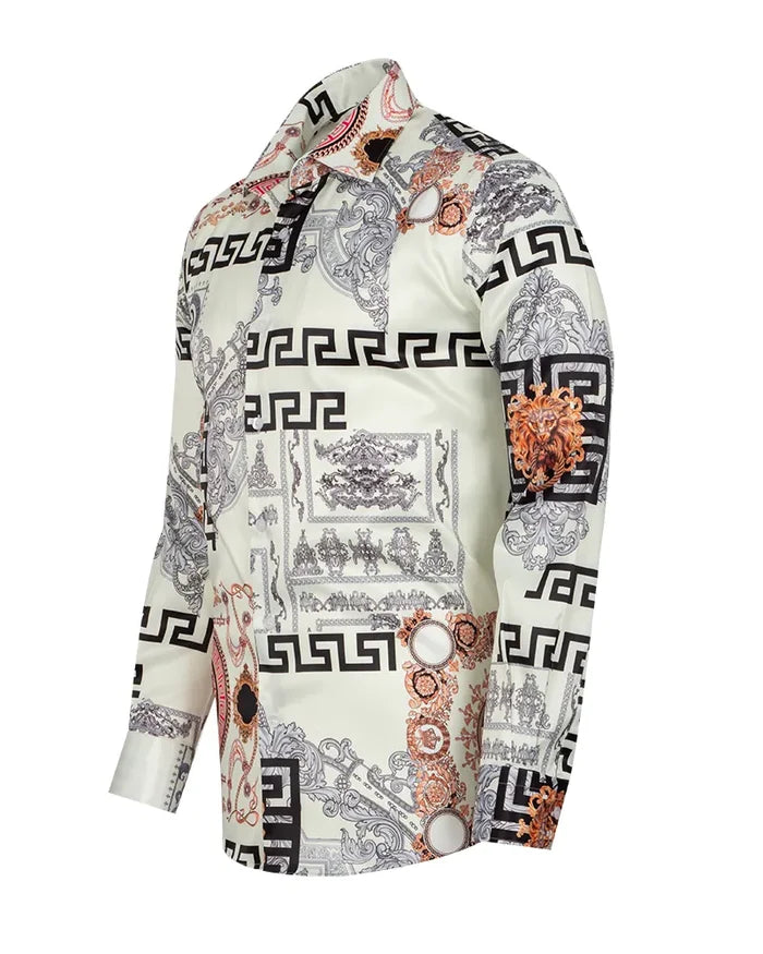 Oscar Banks Premium Cream Satin Baroque Print Dress Shirt-Makrom