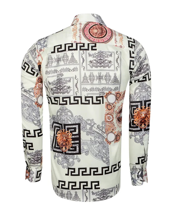 Oscar Banks Premium Cream Satin Baroque Print Dress Shirt-Makrom