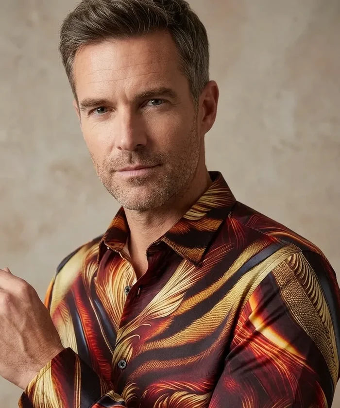 Oscar Banks Premium Satin Abstract Flame Pattern Print Shirt