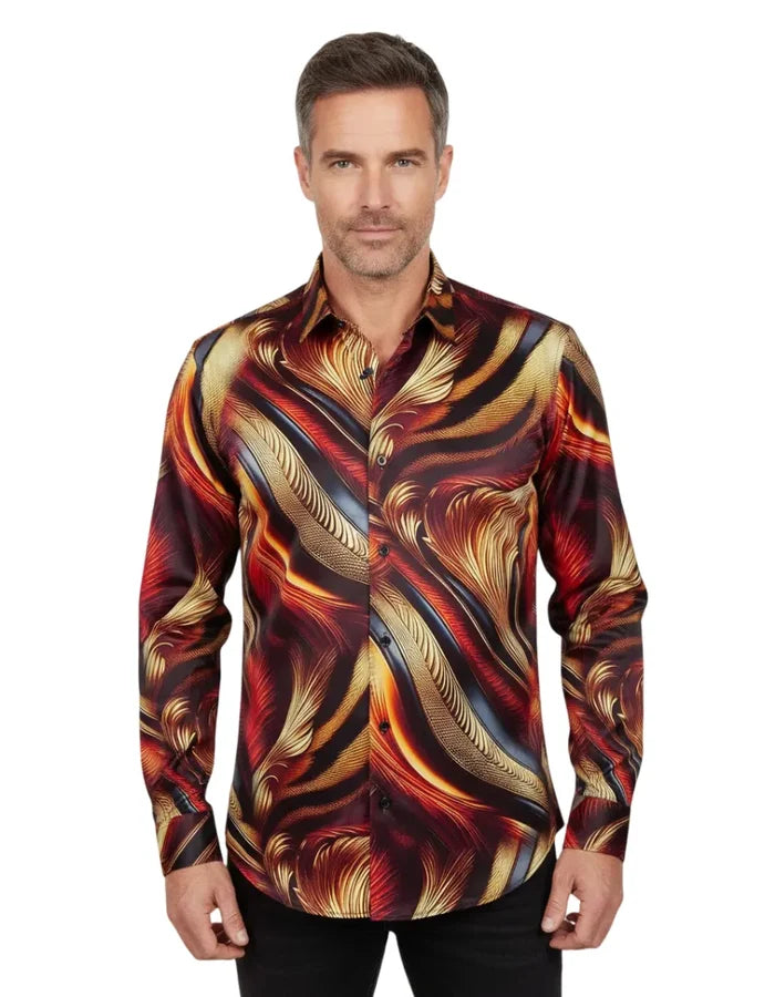Oscar Banks Premium Satin Abstract Flame Pattern Print Shirt-Makrom