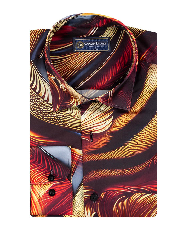 Oscar Banks Premium Satin Abstract Flame Pattern Print Shirt-Makrom