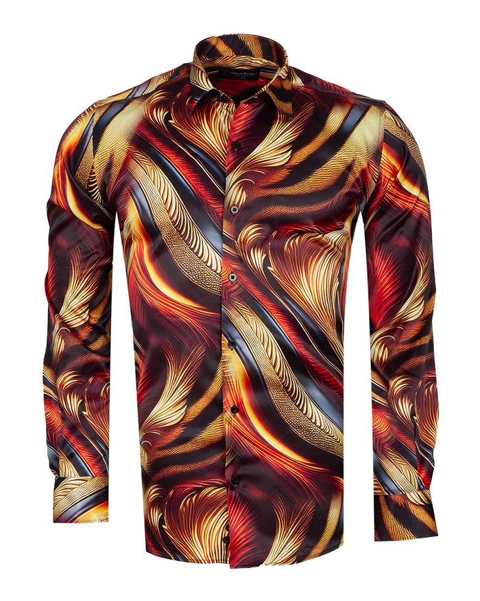 Oscar Banks Premium Satin Abstract Flame Pattern Print Shirt-Makrom
