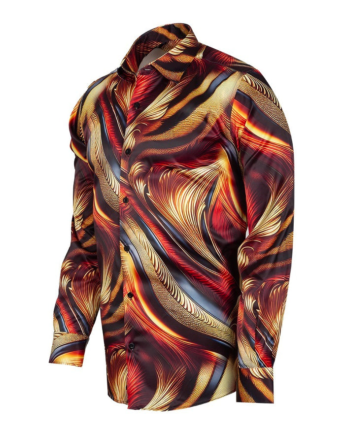 Oscar Banks Premium Satin Abstract Flame Pattern Print Shirt-Makrom