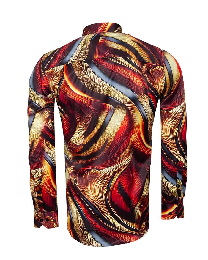 Oscar Banks Premium Satin Abstract Flame Pattern Print Shirt-Makrom