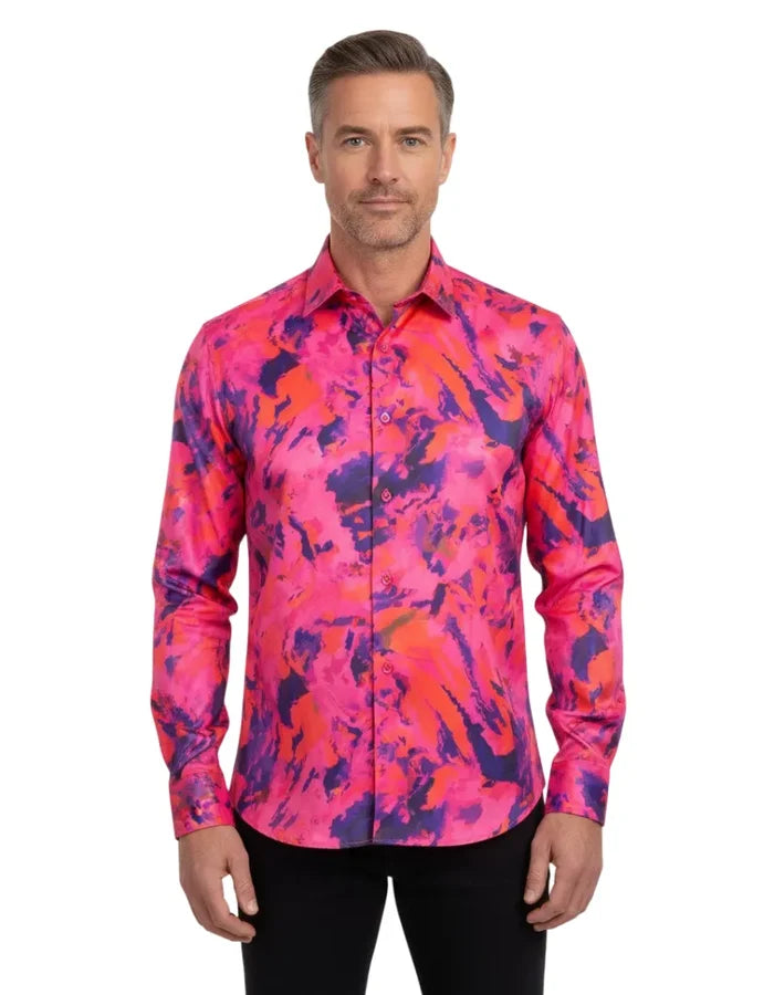 Oscar Banks Premium Satin Bold Abstract Print Dress Shirt-Makrom