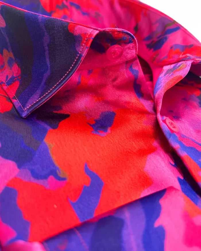 Oscar Banks Premium Satin Bold Abstract Print Dress Shirt-Makrom