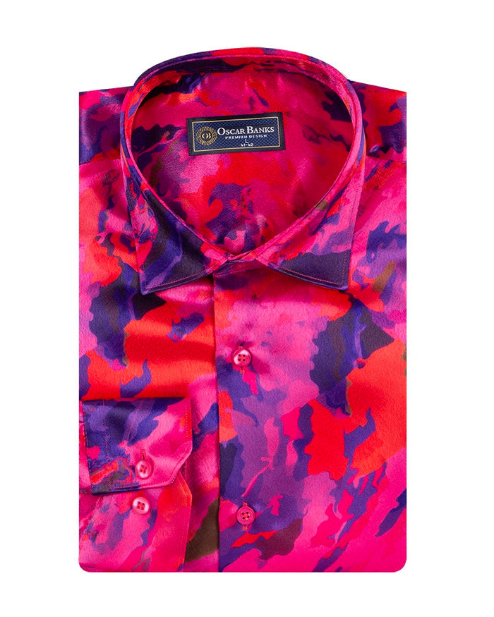 Oscar Banks Premium Satin Bold Abstract Print Dress Shirt-Makrom