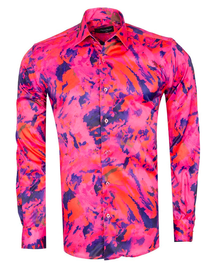 Oscar Banks Premium Satin Bold Abstract Print Dress Shirt-Makrom