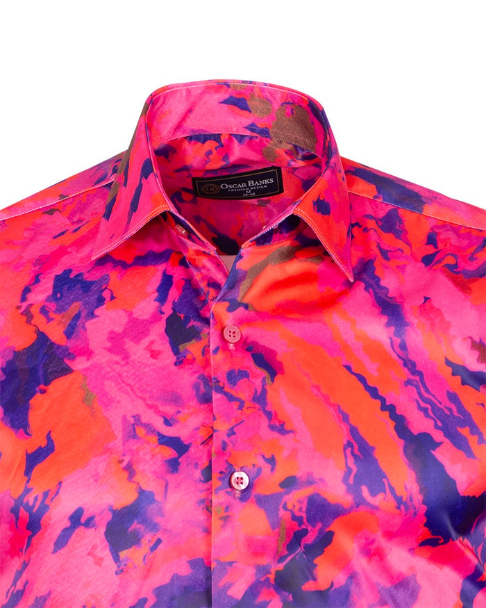 Oscar Banks Premium Satin Bold Abstract Print Dress Shirt-Makrom