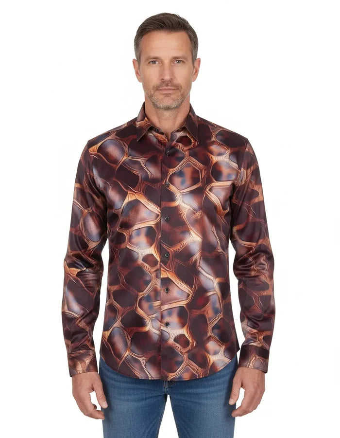 Oscar Banks Premium Satin Bold Geometric Pattern Print Shirt-Makrom