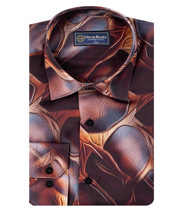 Oscar Banks Premium Satin Bold Geometric Pattern Print Shirt-Makrom
