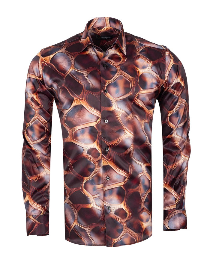 Oscar Banks Premium Satin Bold Geometric Pattern Print Shirt-Makrom