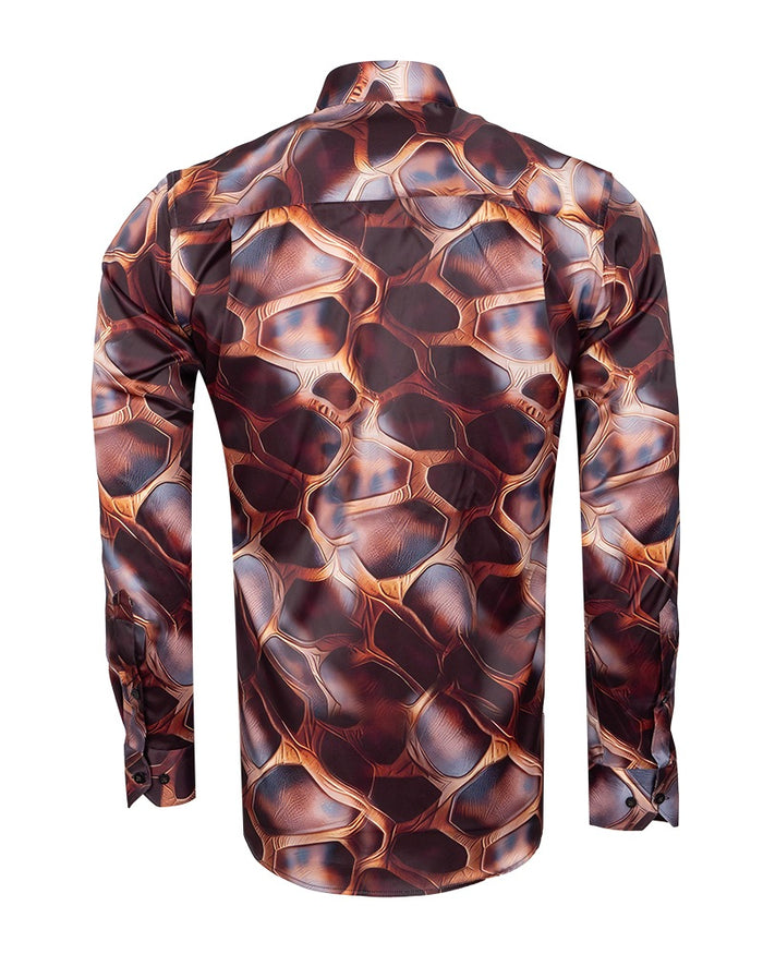 Oscar Banks Premium Satin Bold Geometric Pattern Print Shirt-Makrom