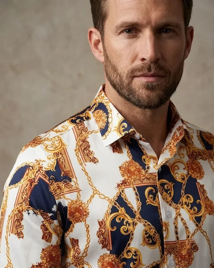 Oscar Banks Premium Satin Chain & Floral Print Dress Shirt