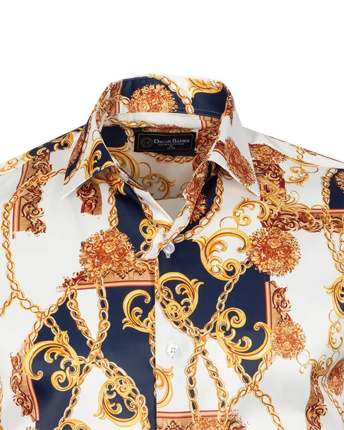 Oscar Banks Premium Satin Chain & Floral Print Dress Shirt-Makrom