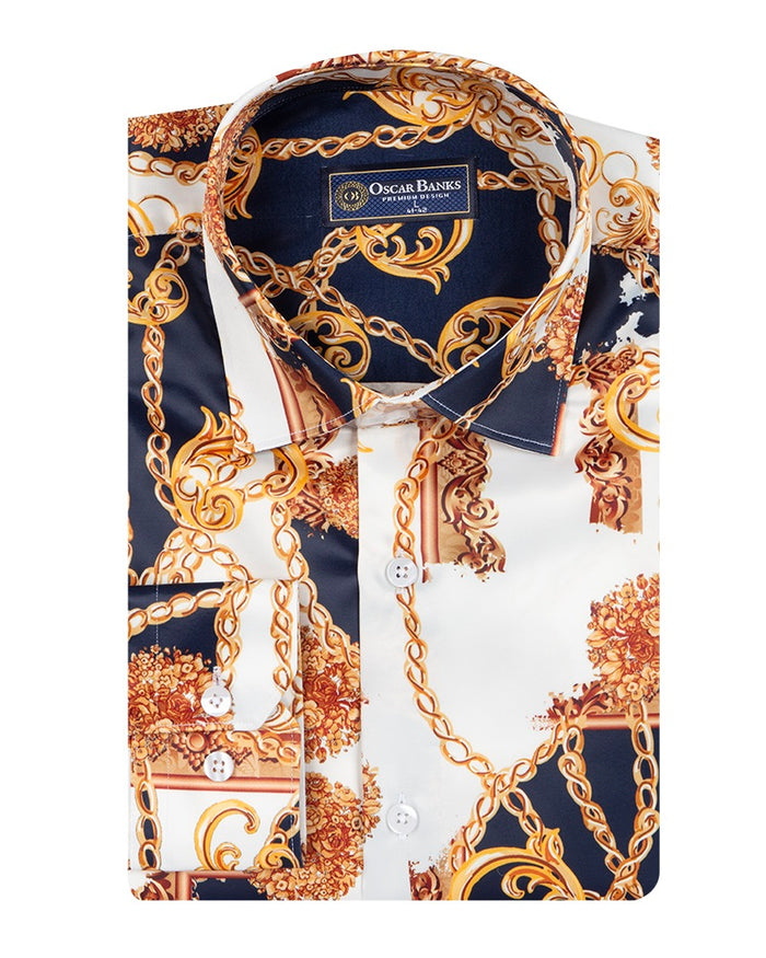 Oscar Banks Premium Satin Chain & Floral Print Dress Shirt-Makrom