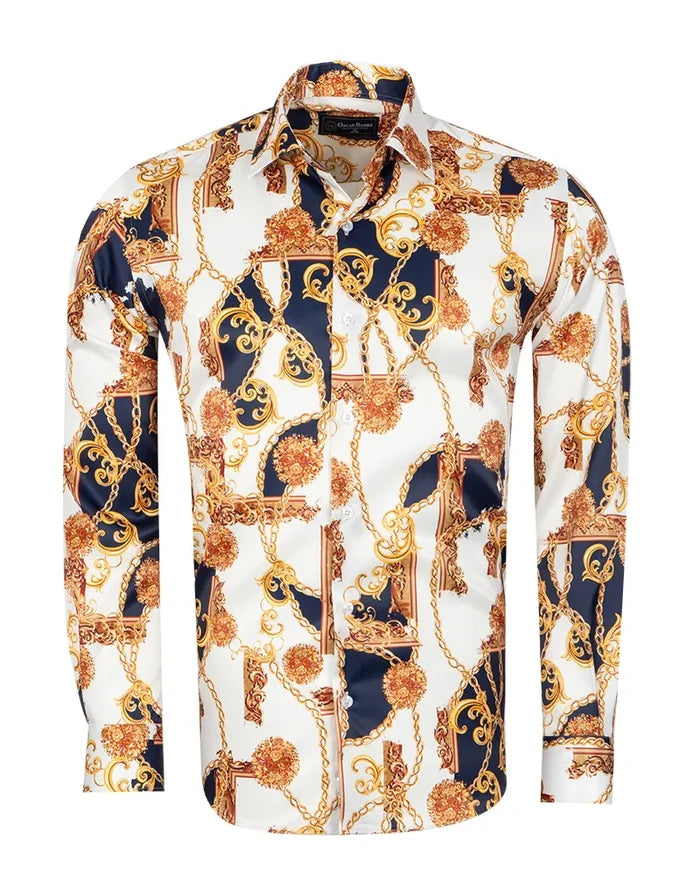 Oscar Banks Premium Satin Chain & Floral Print Dress Shirt-Makrom