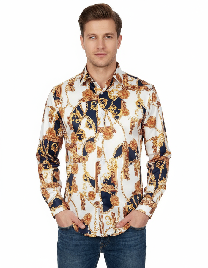 Oscar Banks Premium Satin Chain & Floral Print Dress Shirt-Makrom