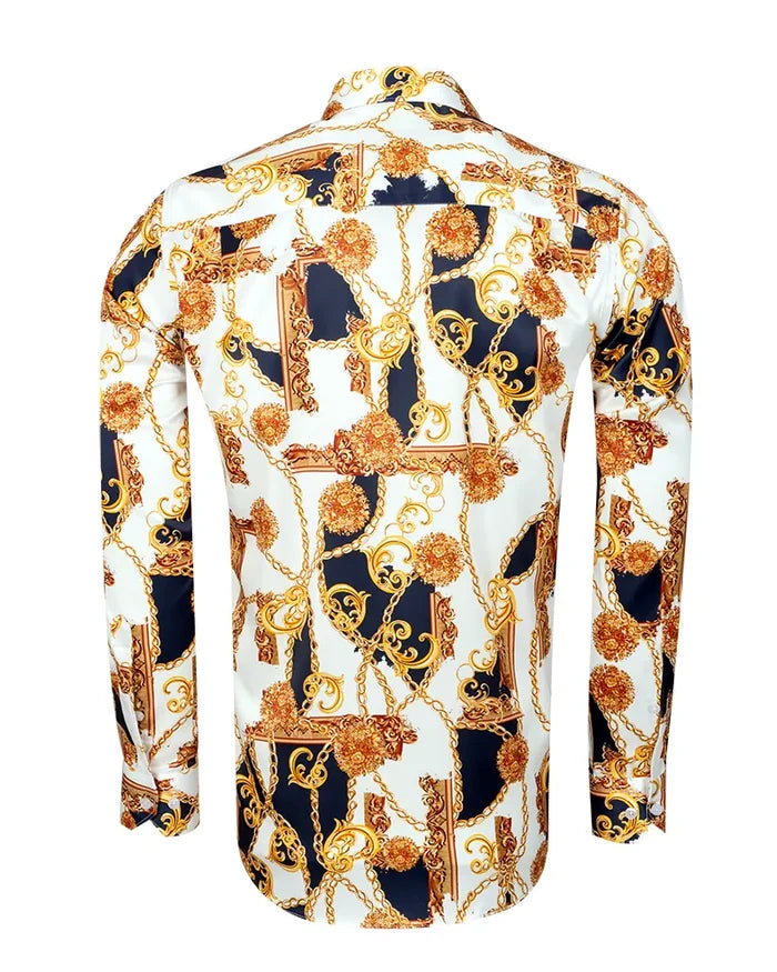 Oscar Banks Premium Satin Chain & Floral Print Dress Shirt-Makrom