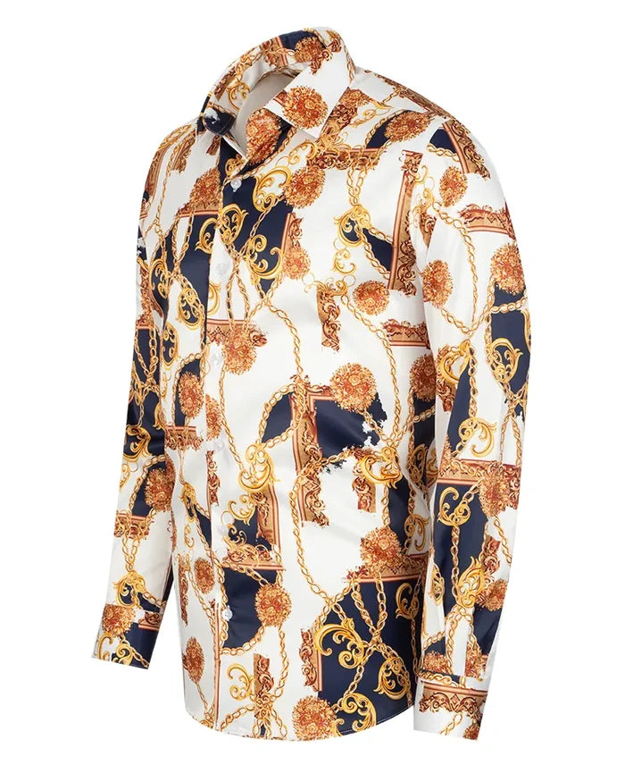 Oscar Banks Premium Satin Chain & Floral Print Dress Shirt-Makrom