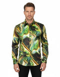 Oscar Banks Premium Satin Green Marble Print Shirt-Makrom