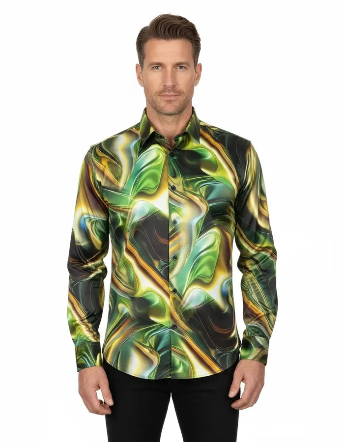 Oscar Banks Premium Satin Green Marble Print Shirt-Makrom