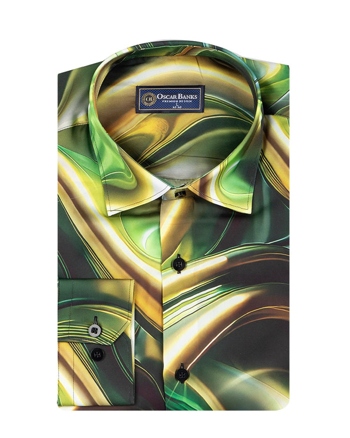Oscar Banks Premium Satin Green Marble Print Shirt-Makrom