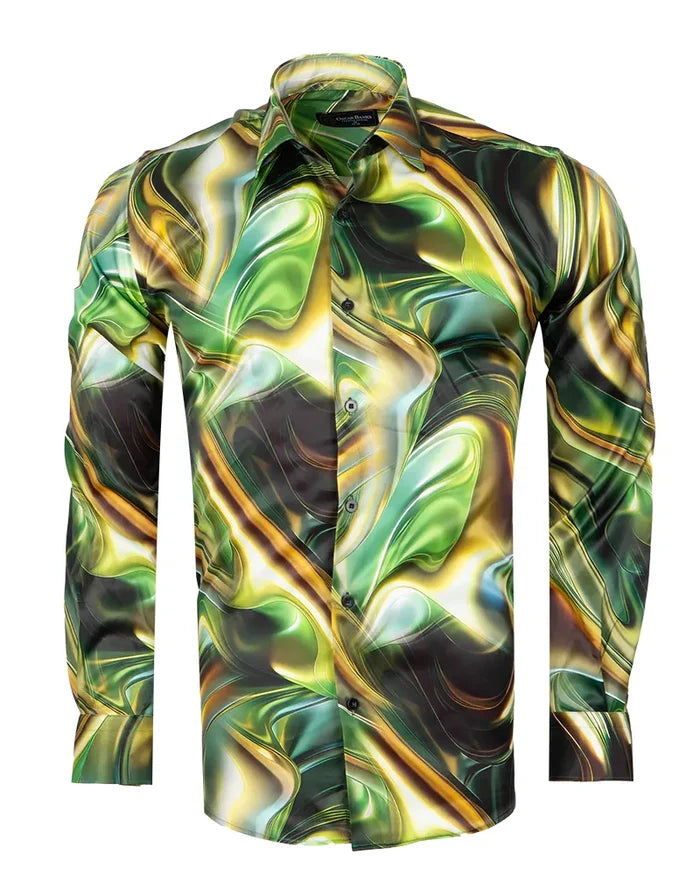 Oscar Banks Premium Satin Green Marble Print Shirt-Makrom