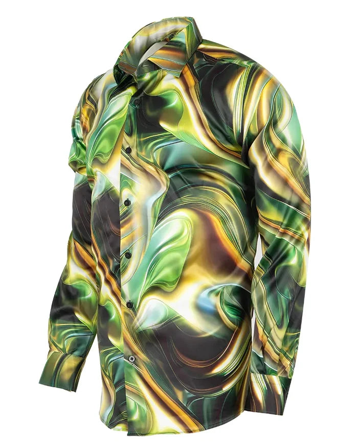 Oscar Banks Premium Satin Green Marble Print Shirt-Makrom