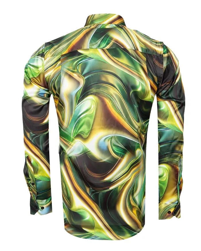 Oscar Banks Premium Satin Green Marble Print Shirt-Makrom