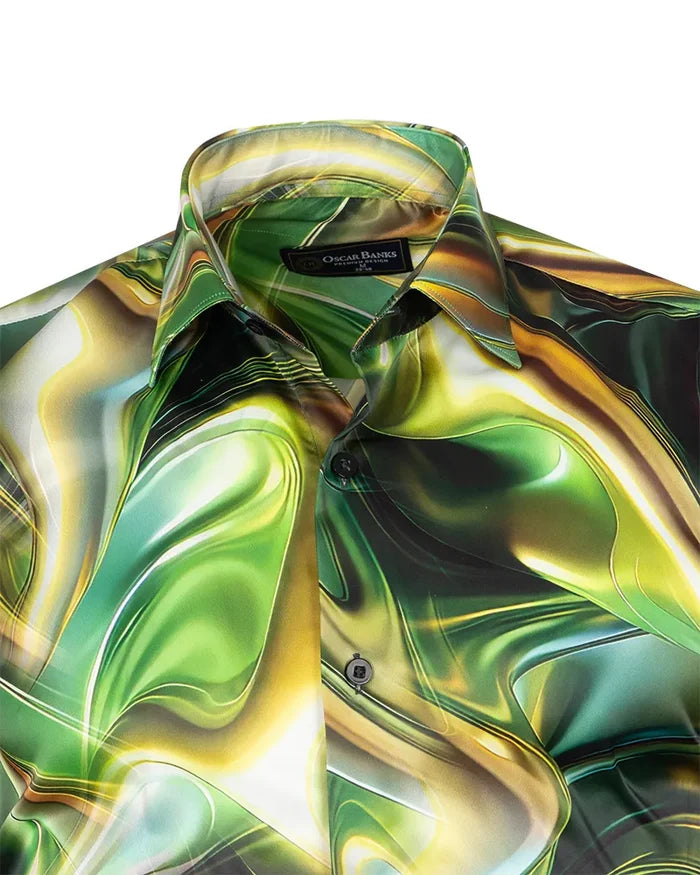 Oscar Banks Premium Satin Green Marble Print Shirt-Makrom