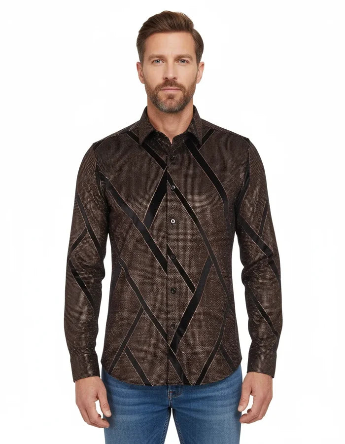 Oscar Banks Premium Shiny Black and Bronze Geometric Pattern Shirt-Makrom