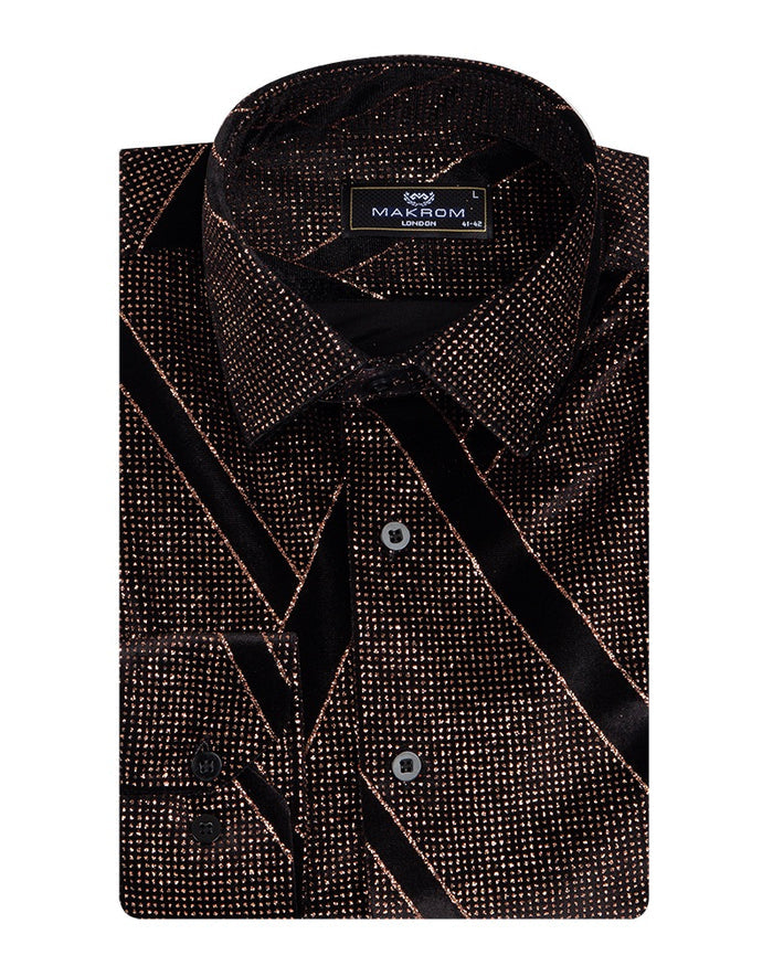 Oscar Banks Premium Shiny Black and Bronze Geometric Pattern Shirt-Makrom