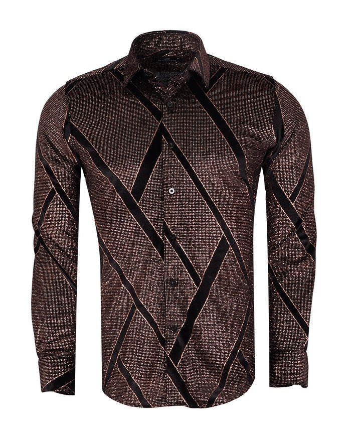 Oscar Banks Premium Shiny Black and Bronze Geometric Pattern Shirt-Makrom