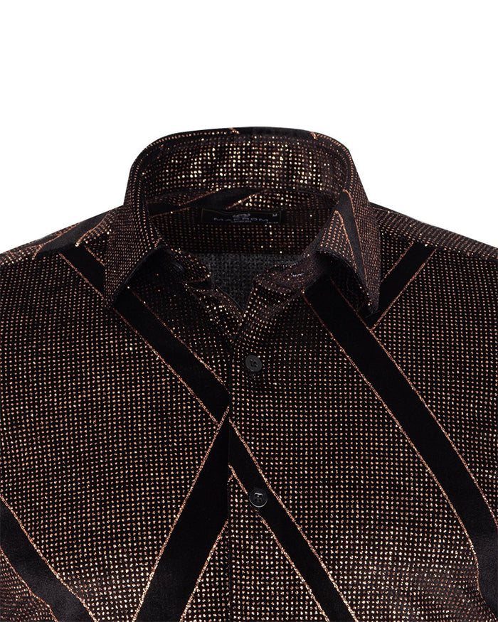Oscar Banks Premium Shiny Black and Bronze Geometric Pattern Shirt-Makrom