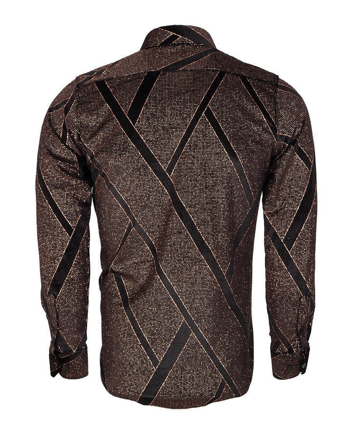 Oscar Banks Premium Shiny Black and Bronze Geometric Pattern Shirt-Makrom