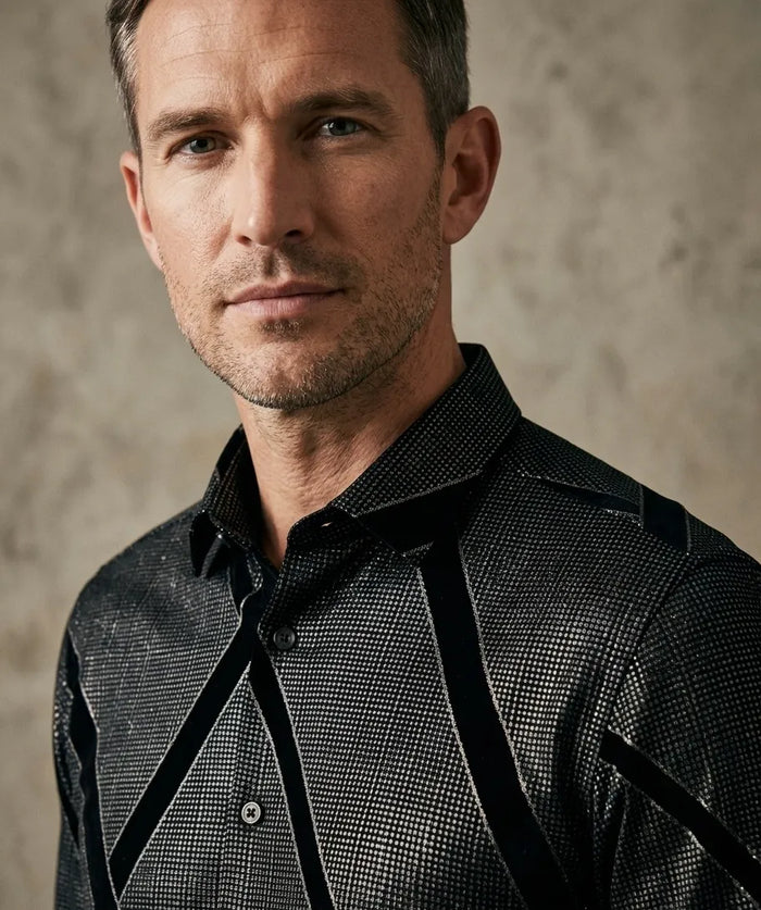 Oscar Banks Premium Shiny Black and Grey Geometric Pattern Shirt
