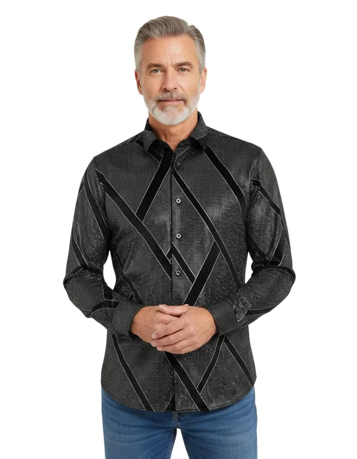 Oscar Banks Premium Shiny Black and Grey Geometric Pattern Shirt-Makrom