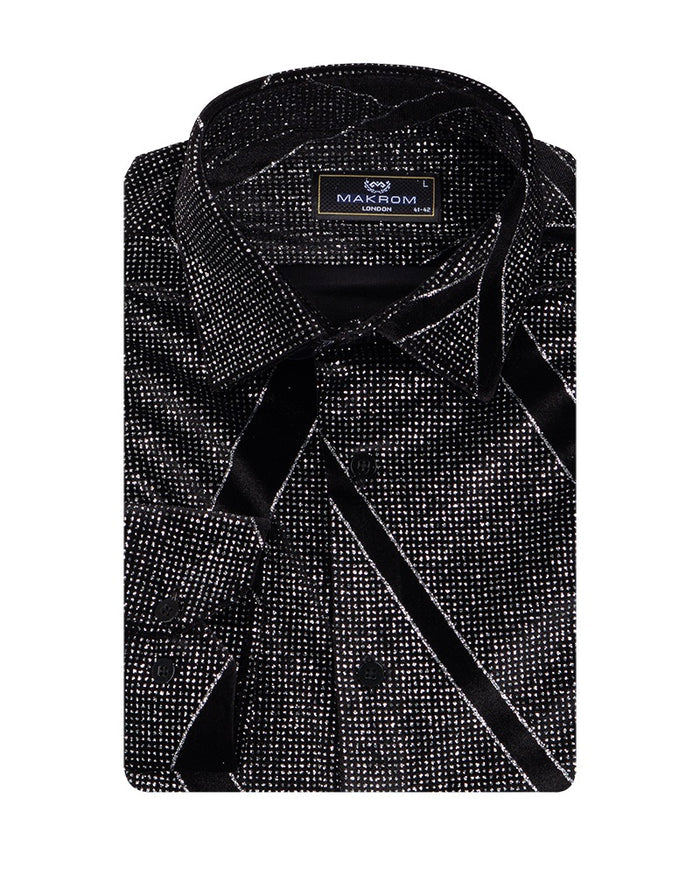 Oscar Banks Premium Shiny Black and Grey Geometric Pattern Shirt-Makrom